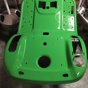 Body Paint 1
A coat of John Deere Green was sprayed on the primed body pan on the top and bottom.  This is a rear view to see the foot pads.