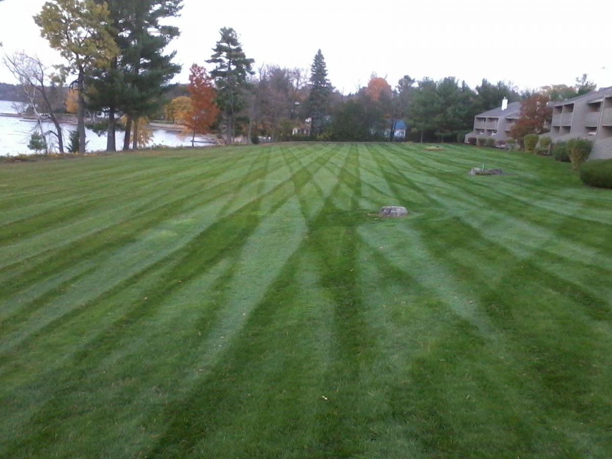 This gem is on
Lake Champlain in Burlington, Vermont. I mow it with a 61 inch Bobcat Pro cat, no striping kit.