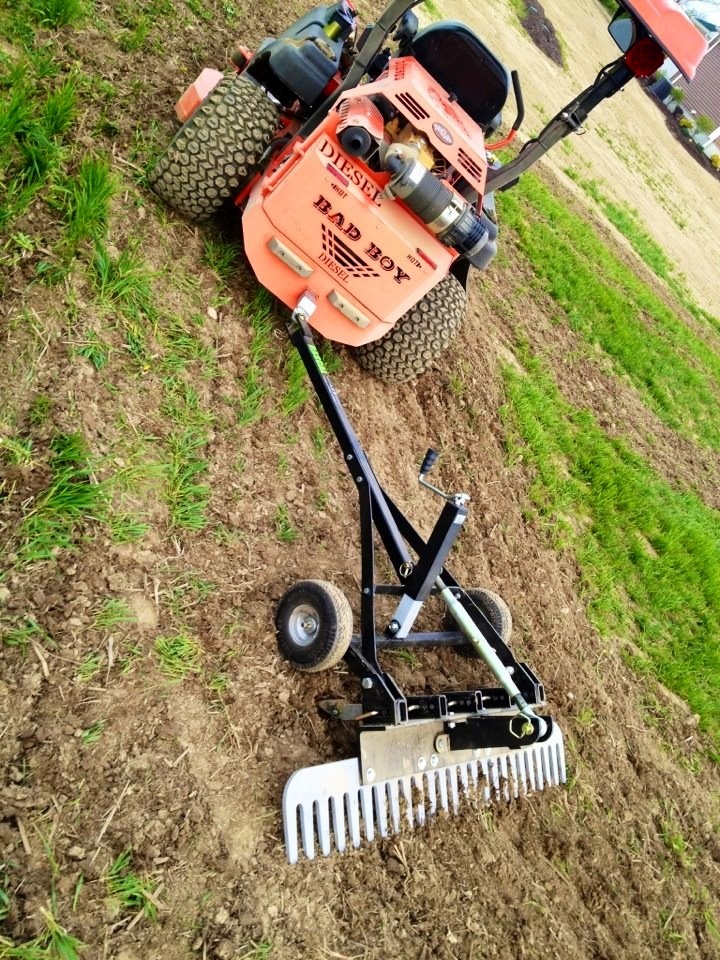 This is my yard maintenance routine.
Just built the home, and used this rake to grade, remove large stones, seed, and till the garden.